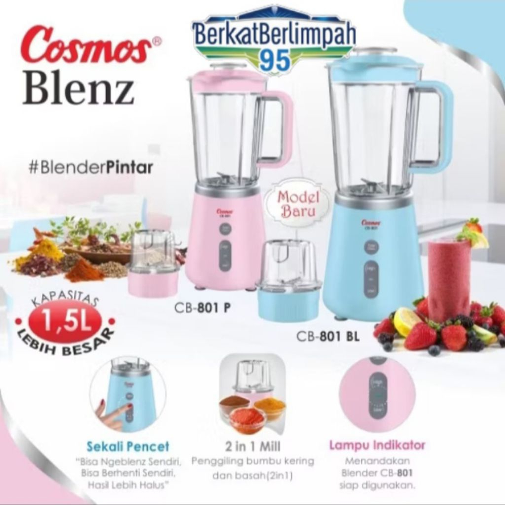 COSMOS CB-801 BL / PINK (100% ORI) Blender Mika Otomatis 1,5L 2IN1 300W