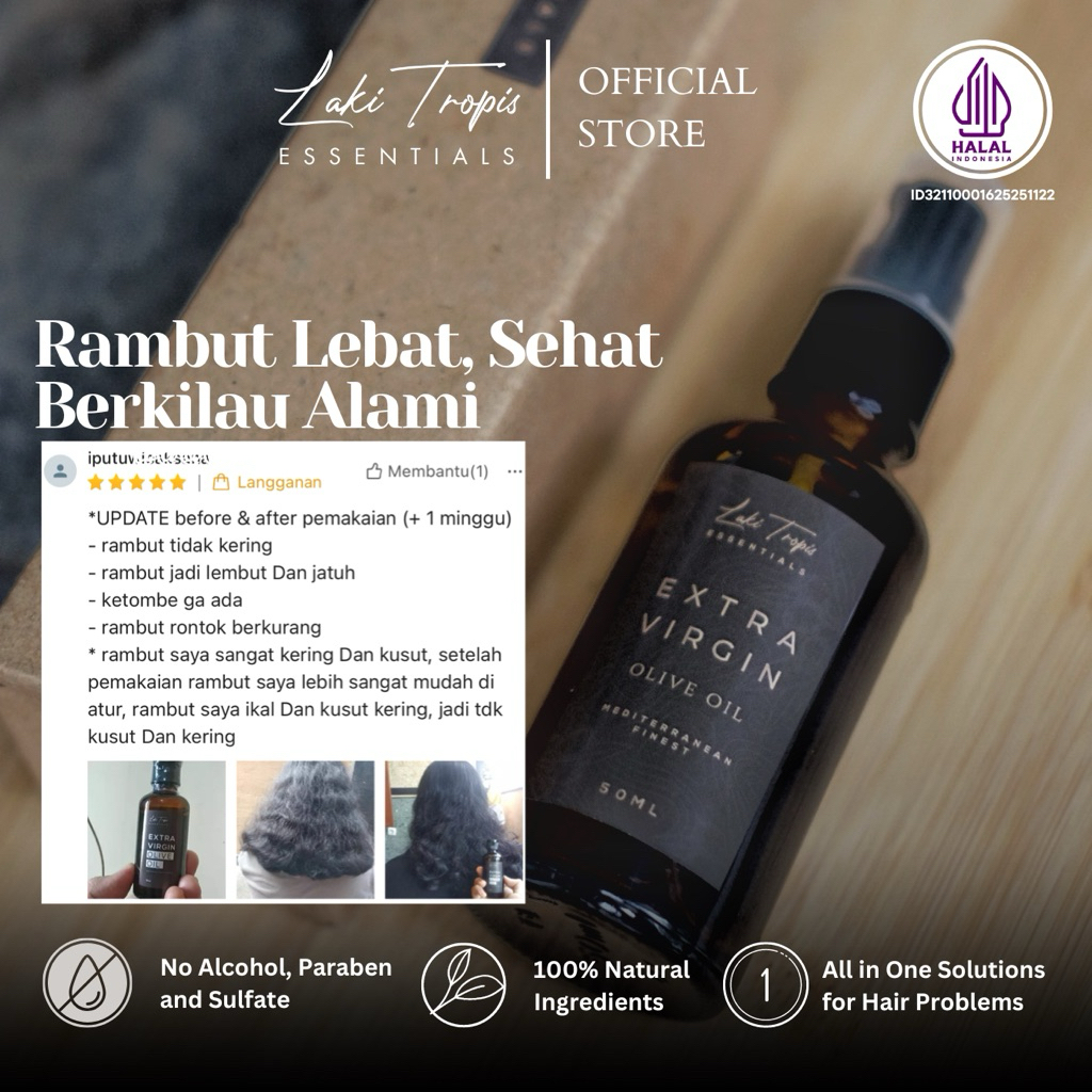 OFFICIAL STORE Extra Virgin Olive Oil Untuk Rambut by Laki Tropis [BELI 3 BOTOL FREE SISIR] Vitamin 