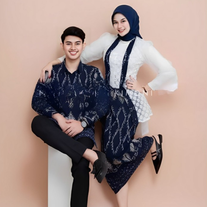 Baju Kebaya Tenun Couple Blue Puspa Setelan Kebaya Pria Wanita Kondangan Pernikahan Resmi