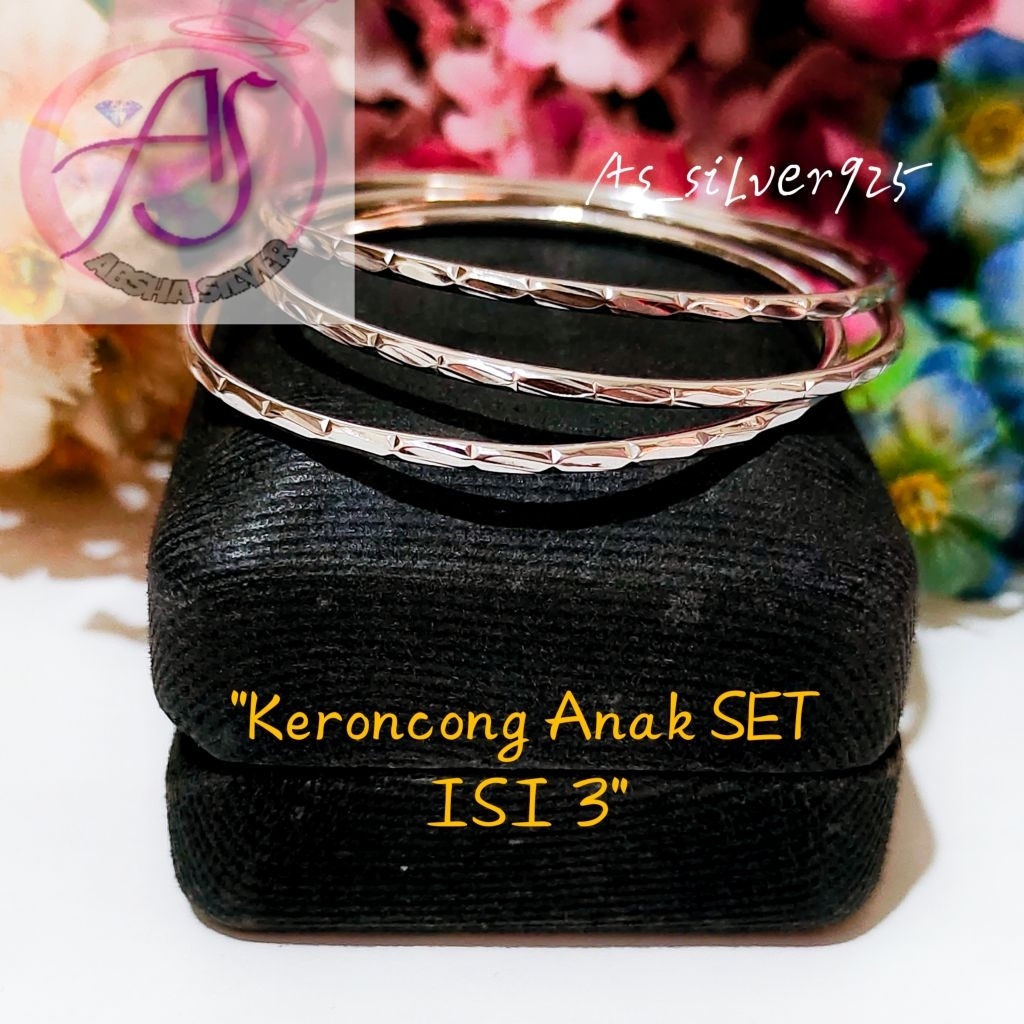 GELANG ANAK PERAK KERONCONG PIPA UKIR SET 3 ASLI SILVER 925 LAPIS MAS/BANGLE ANAK