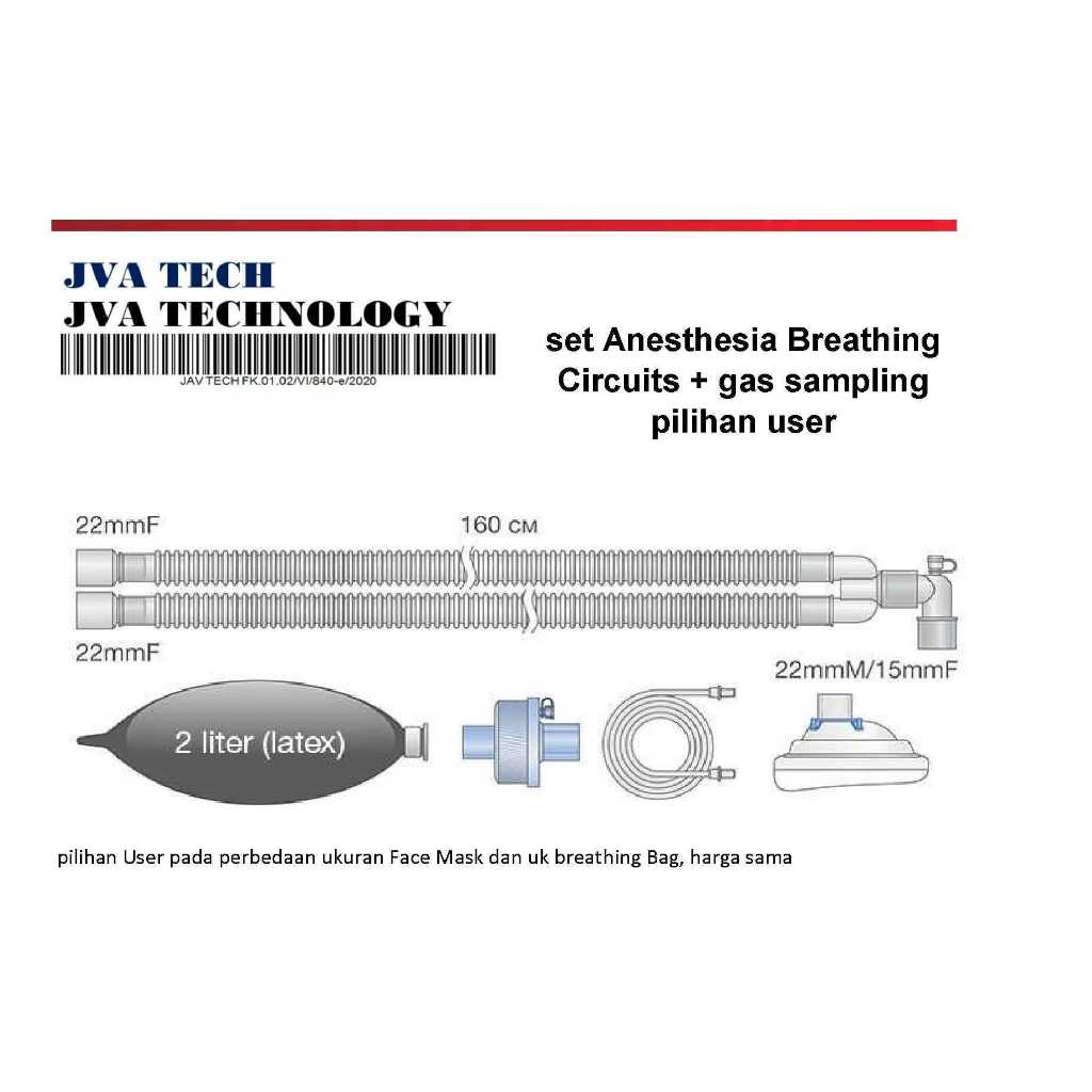 set Anesthesia Breathing Circuits + gas sampling+ Mask+filter+ Reservoir bag, pilihan user,,steril,s