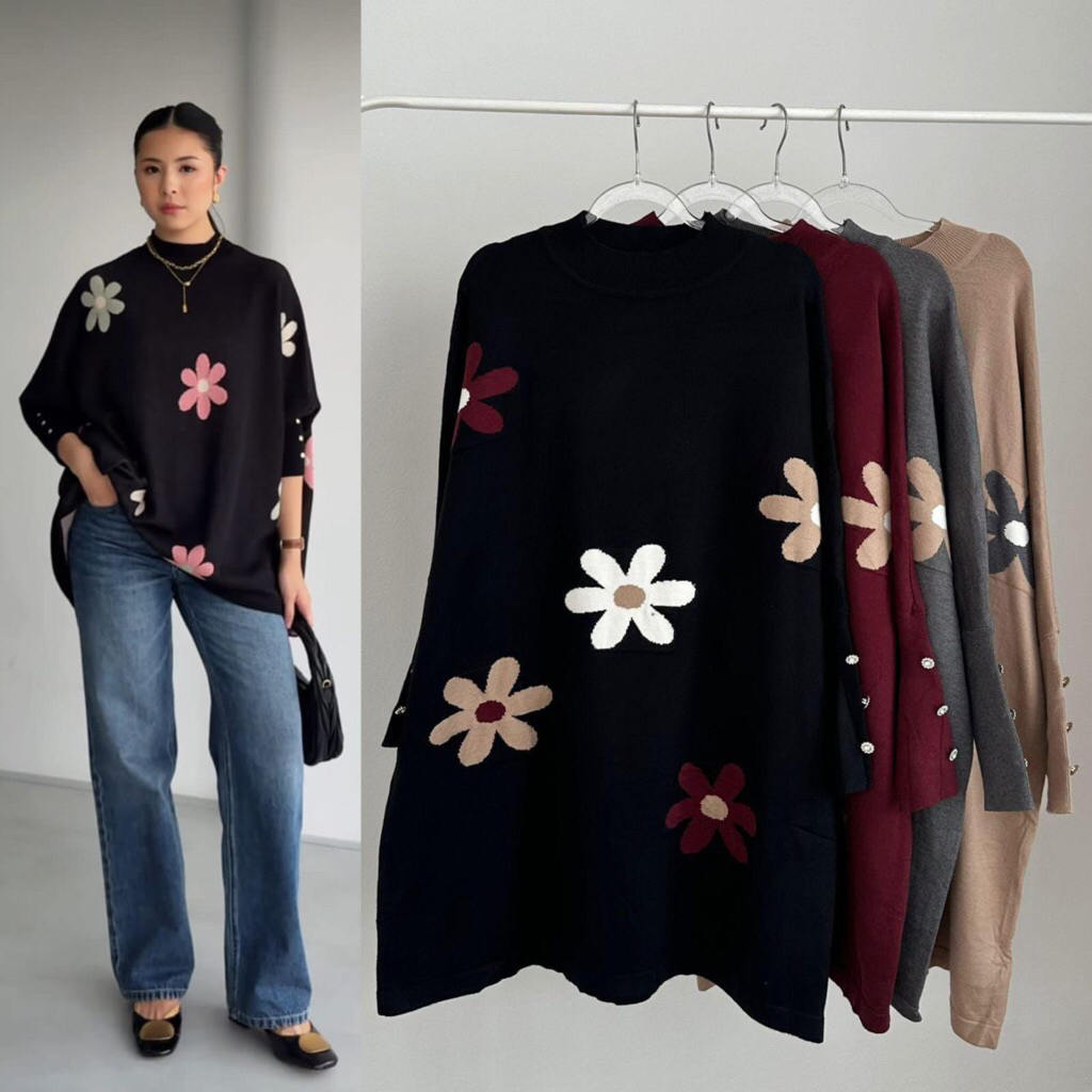 Tunik rajut import wanita bunga bahan adem