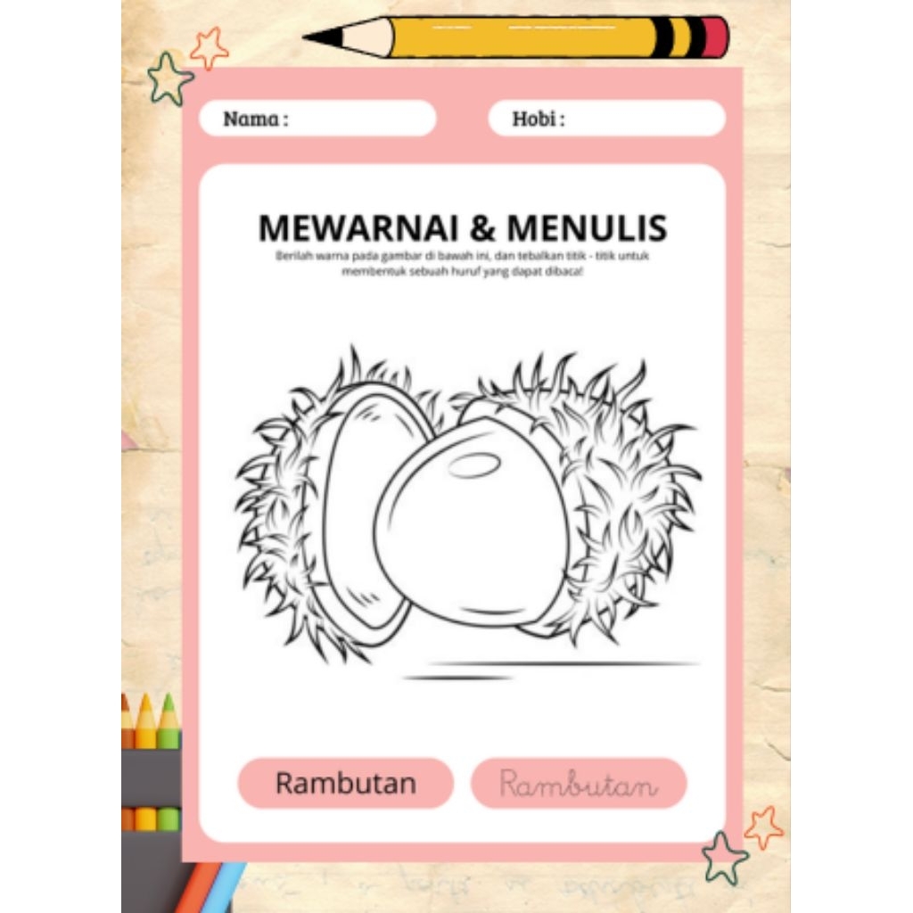 Worksheet 10 Lembar Mewarnai Anak TK, Paud, SD Tema Buah (File Digital)