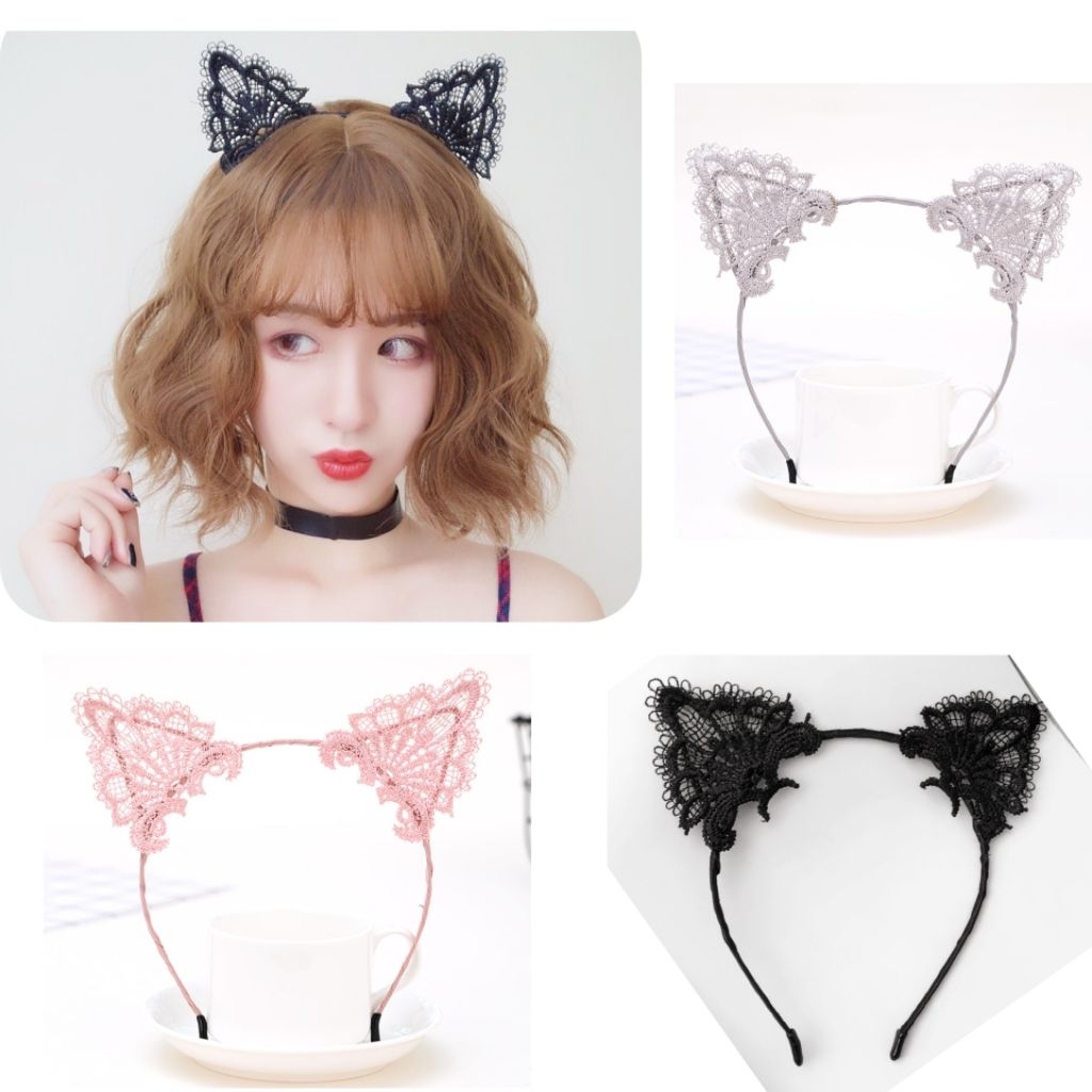 Bando Kucing / Bando kuping Kucing Renda Hitam Wanita Anak