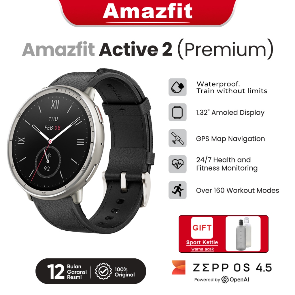 Amazfit Active 2 Premium Jam Pintar 44mm Layar Kaca Safir 1.32” GPS Panduan Peta 160 Mode Olahraga P