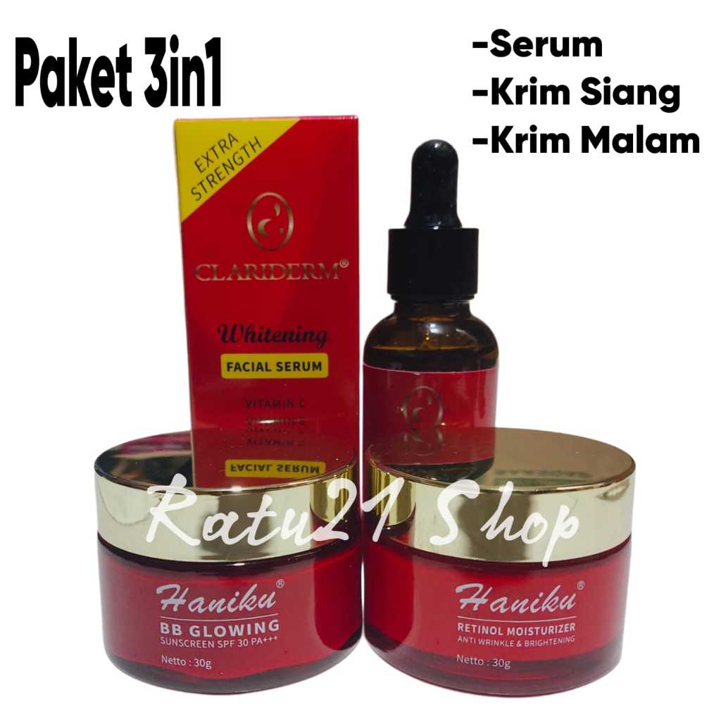 3in1 Paketan Clariderm Whitening Facial Serum + Krim BB Glowing SPF 30 + Krim Retinol Moisturizer