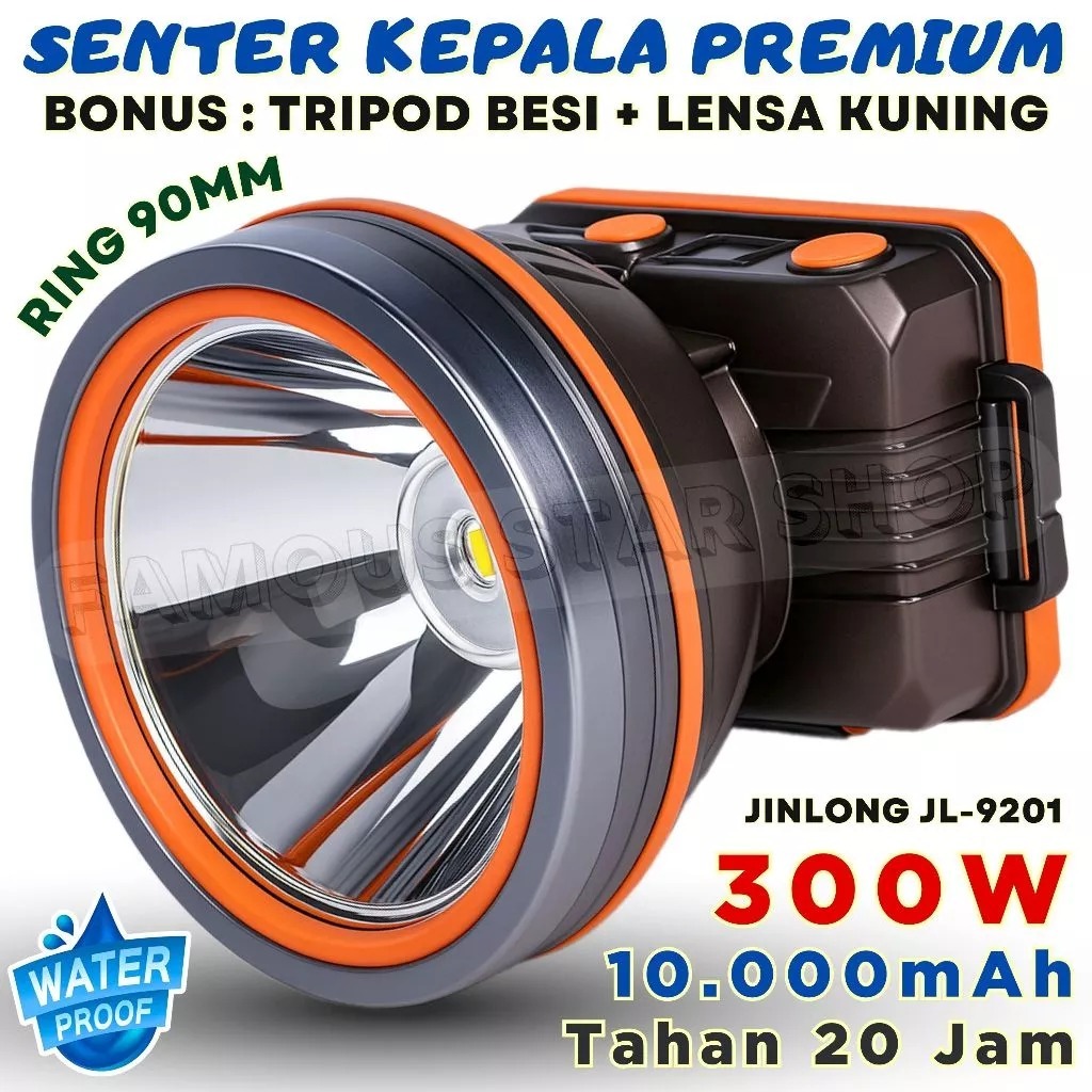 COD Senter Kepala Jinlong JL-9201 cahaya putih 300watt baterai 10000 mAh Lampu - waterproof