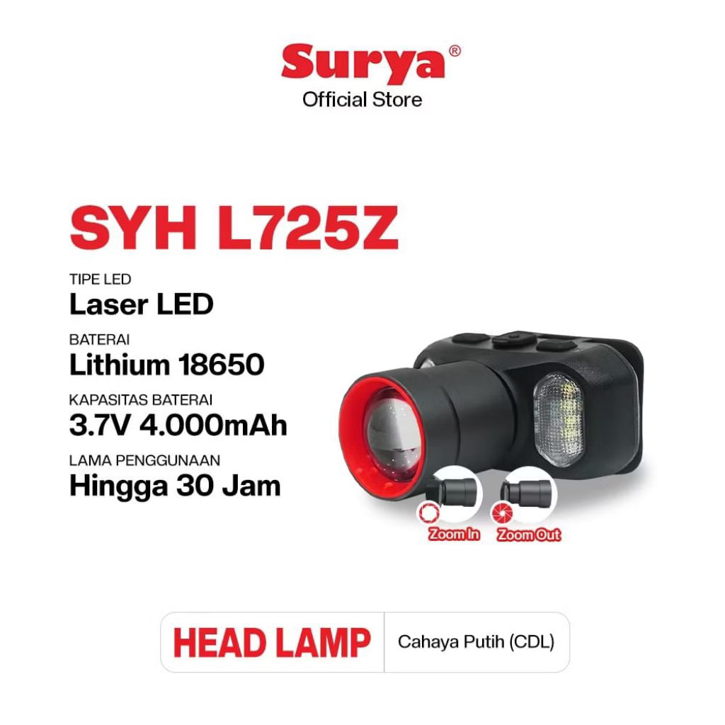 Surya SYH L725Z 72 Watt Lampu Senter Kepala Headlamp LED Rechargeable | Cahaya Putih / Cool Daylight
