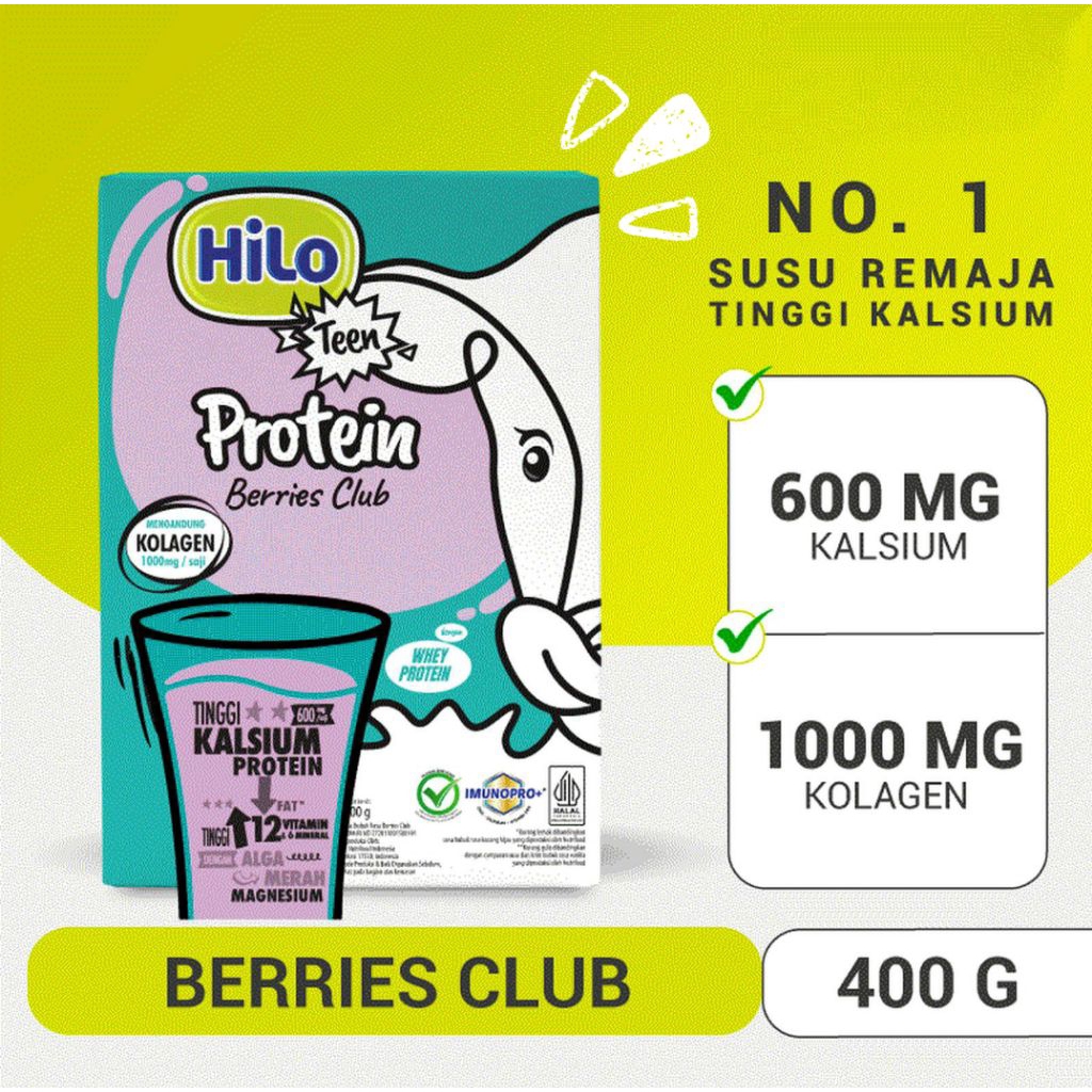 Hilo Teen Protein Berries Club + Collagen 1000mg Per Saji - 400 gram - Susu Tinggi Protein Kalsium -