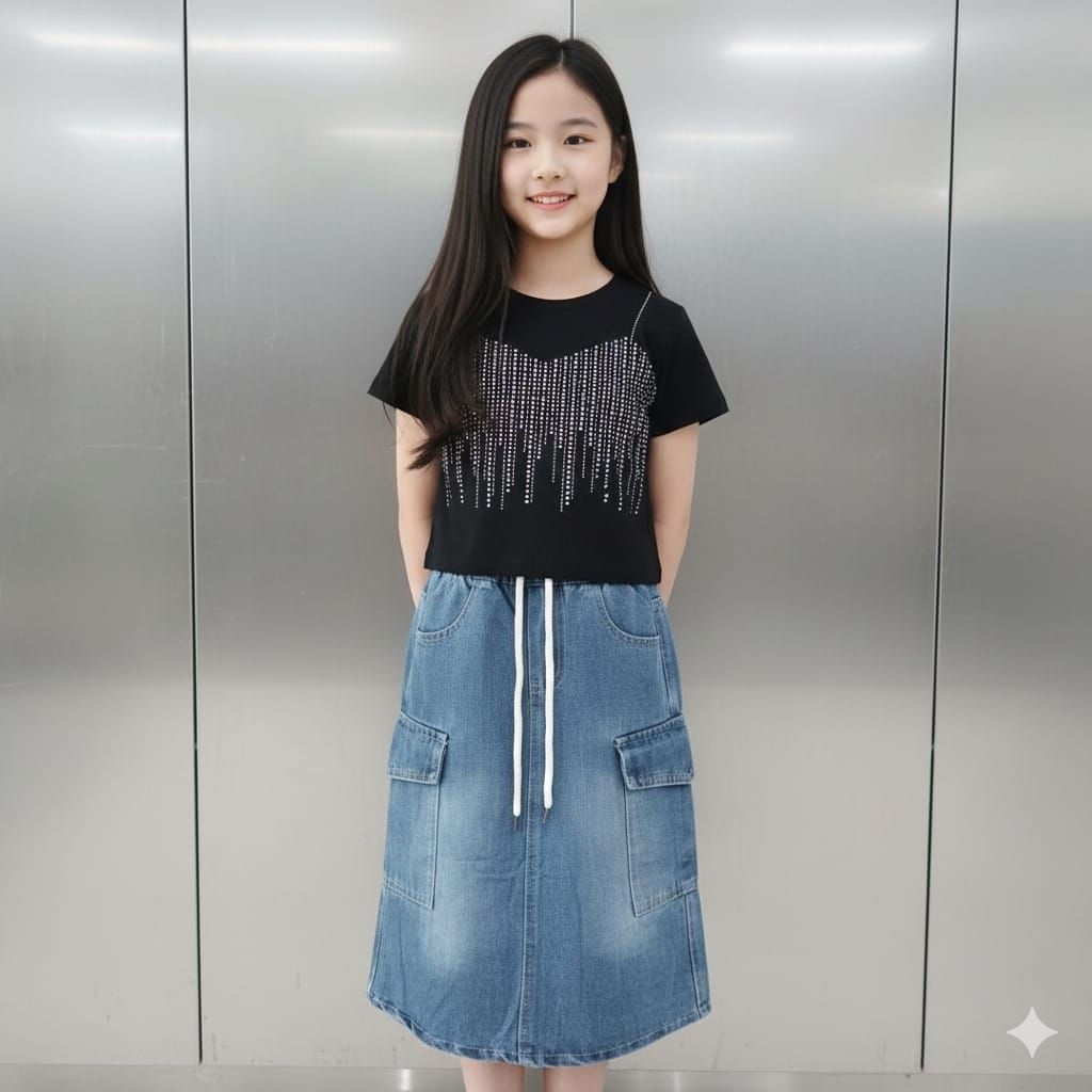 stelan fashion anak cewek/stelan rok jeans anak cewek