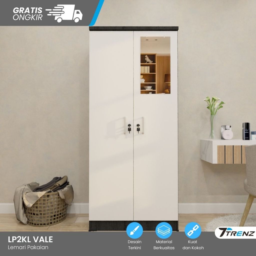 Trenz Furniture - Lemari Pakaian Kayu 2 Pintu Wardrobe Kaca Luar Laci Estetik Hemat Ruang Termurah