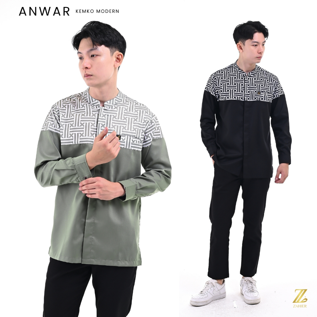 ZAHIER Kemko Batik Pria Modern Anwar Kemeja Koko Premium Lengan Panjang Muslim Dewasa