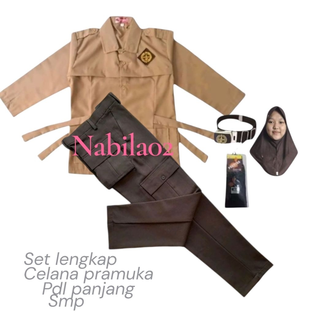 set lengkap baju pramuka tali samping panjang celana pramuka panjang pdl smp anak perempuan