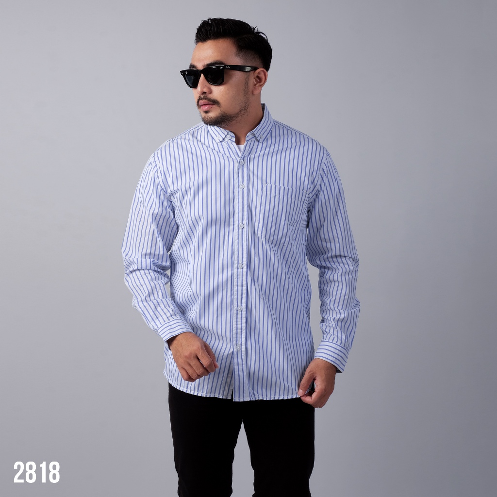PAKAJI Kemeja Pria Salur Lengan Panjang Premium Kemeja Stripe Pria Kemeja Garis Pria Slimfit Garis B