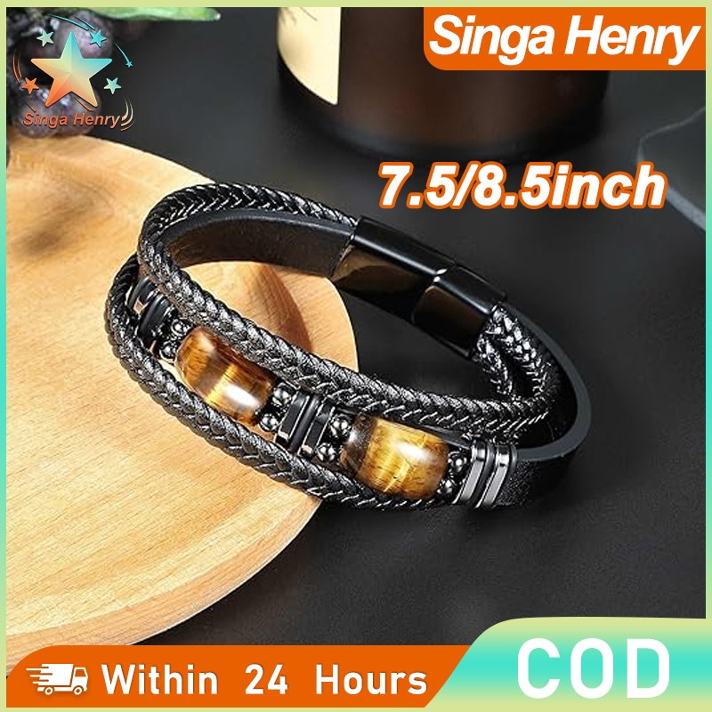 Gelang Kulit Tali Multi-Lapis Pria – Batu Mata Harimau Titanium – Acara Pertemuan Teman