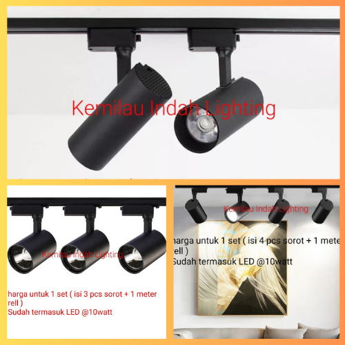 LAMPU SOROT 1 SET ISI 2/ISI 3/ISI 4 LED TRACK LIGHT 10 WATT SPOT LIGHT SPOTLIGHT DEKORASI BODY HITAM
