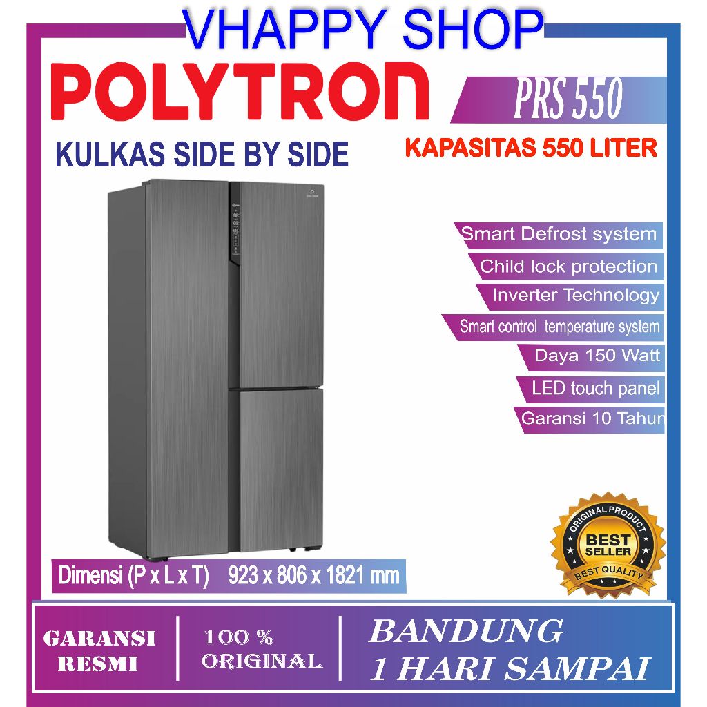 Polytron Refrigerator PRS-550  Kulkas Belleza Inverter Side By Side 3 Pintu Garansi  Resmi