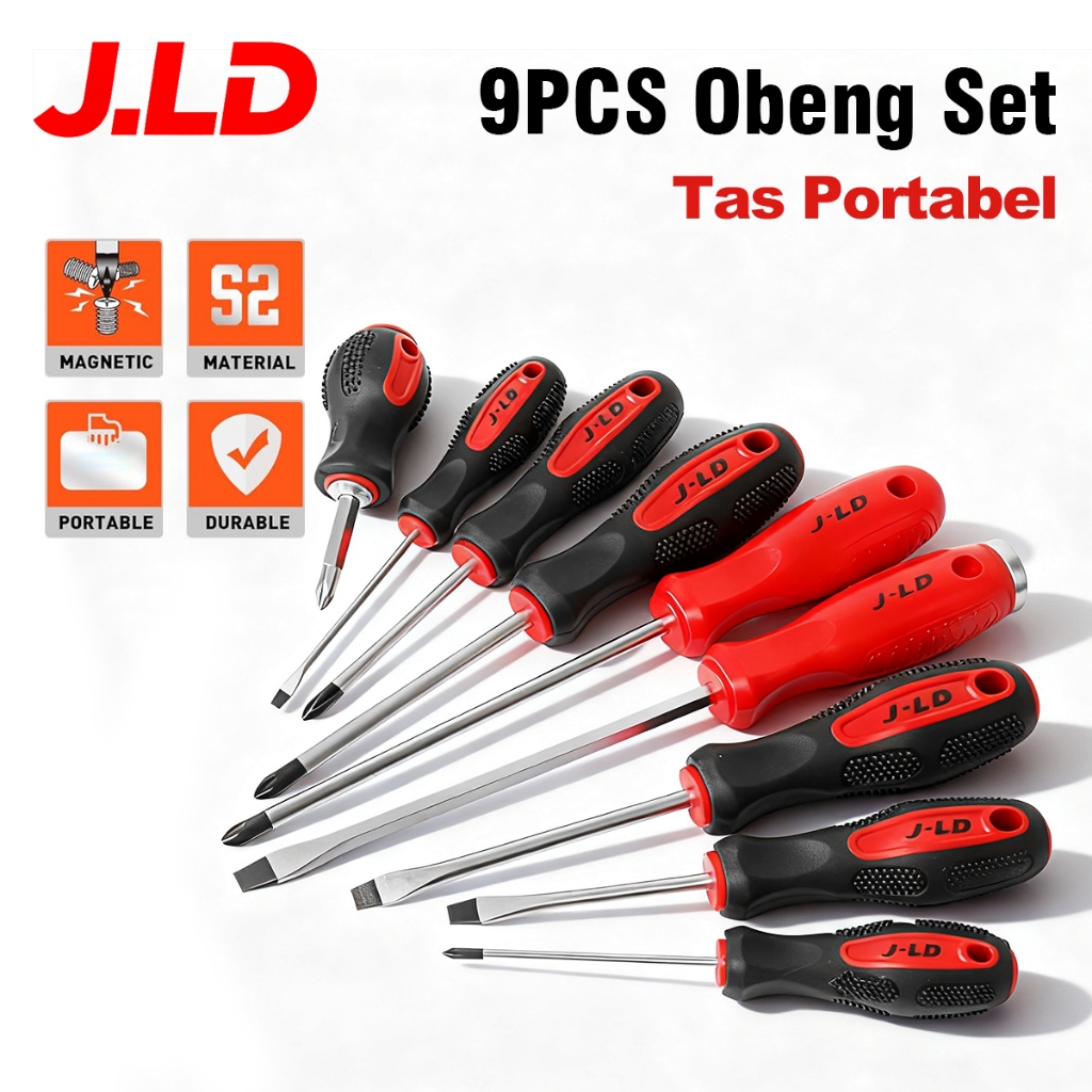 JLD Set Obeng Isolasi 9 Pcs dengan Tas Portabel, Kepala Magnetik, Varian Ukuran Lengkap untuk Repara