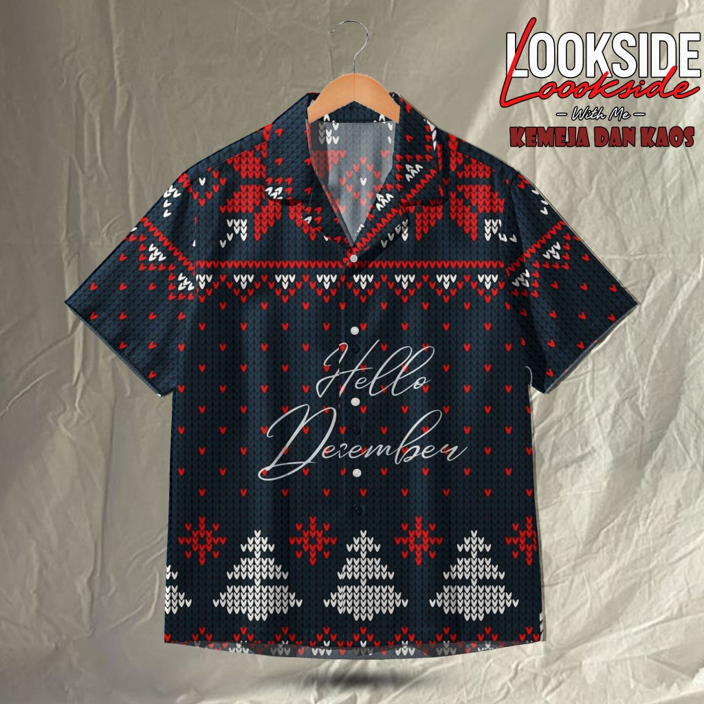 LOOKSIDE Kemeja Natal Pria Keren – Baju Pesta Motif Salju Merah Putih | LOK238