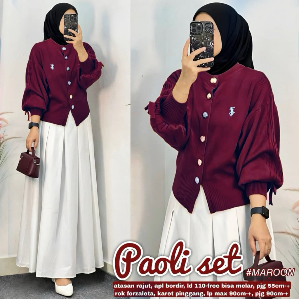 Paoli Set Rajut Import Korean Style / Setelan Cardigan Oversize Wanita Rok Plisket Lebar Maxy