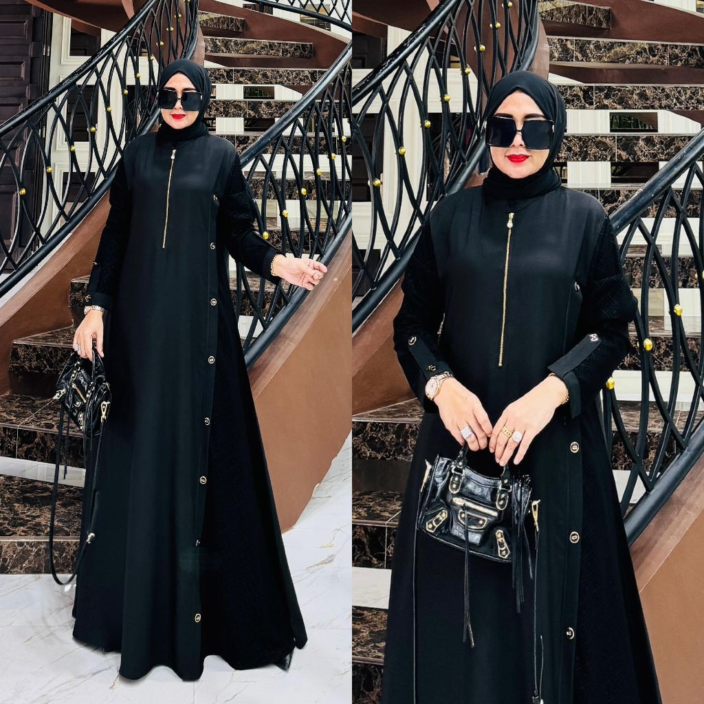 Yunia Abaya Dress Mewah Hitam Turki embos Cantik Umroh Kombinasi Wanita