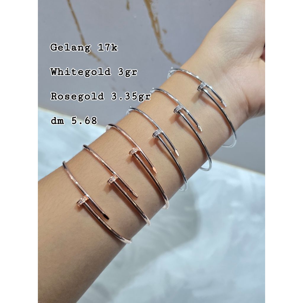 Gelang emas bangle oval paku mata mata certi rosegold & whitegold 17k