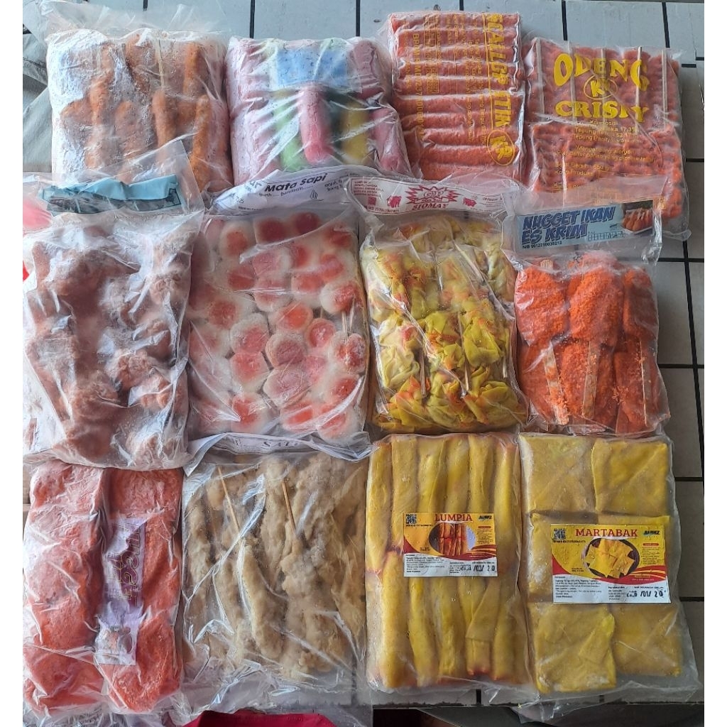 gorengan lumpia / somay tusuk/martabak/ naget love / paha mix / sate R usus
