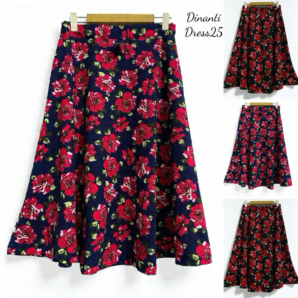 Rok Payung Wanita 7/9 Dibawah Lutut Rok Wafel Motif Bunga Mawar