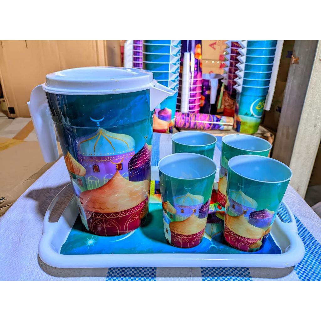 Teko set gelas dan nampan motif cantik