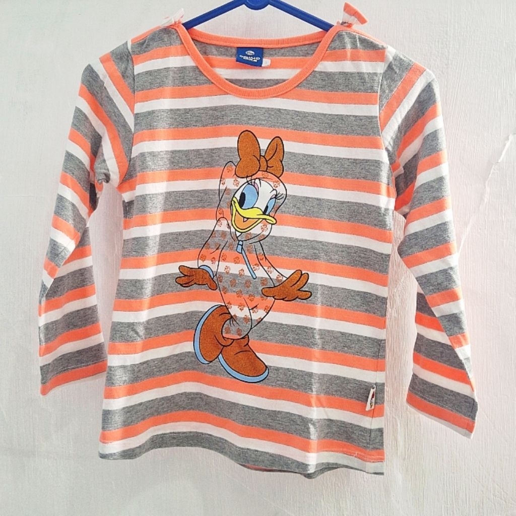 Baju Kaos Anak Lengan Panjang Karakter Deasy Duck motif Salur Orange (preloved/bekas)