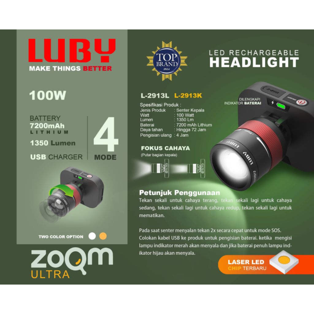 Senter kepala Luby 100watt L-2913 zoom ultra cahaya putih