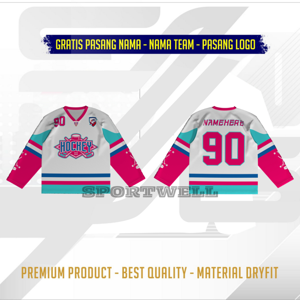 JERSEY BASEBALL HOCKEY WHITE PINK TANGAN PANJANG FULL PRINTING GRATIS PASANG NAMA JERSEY CUSTOM