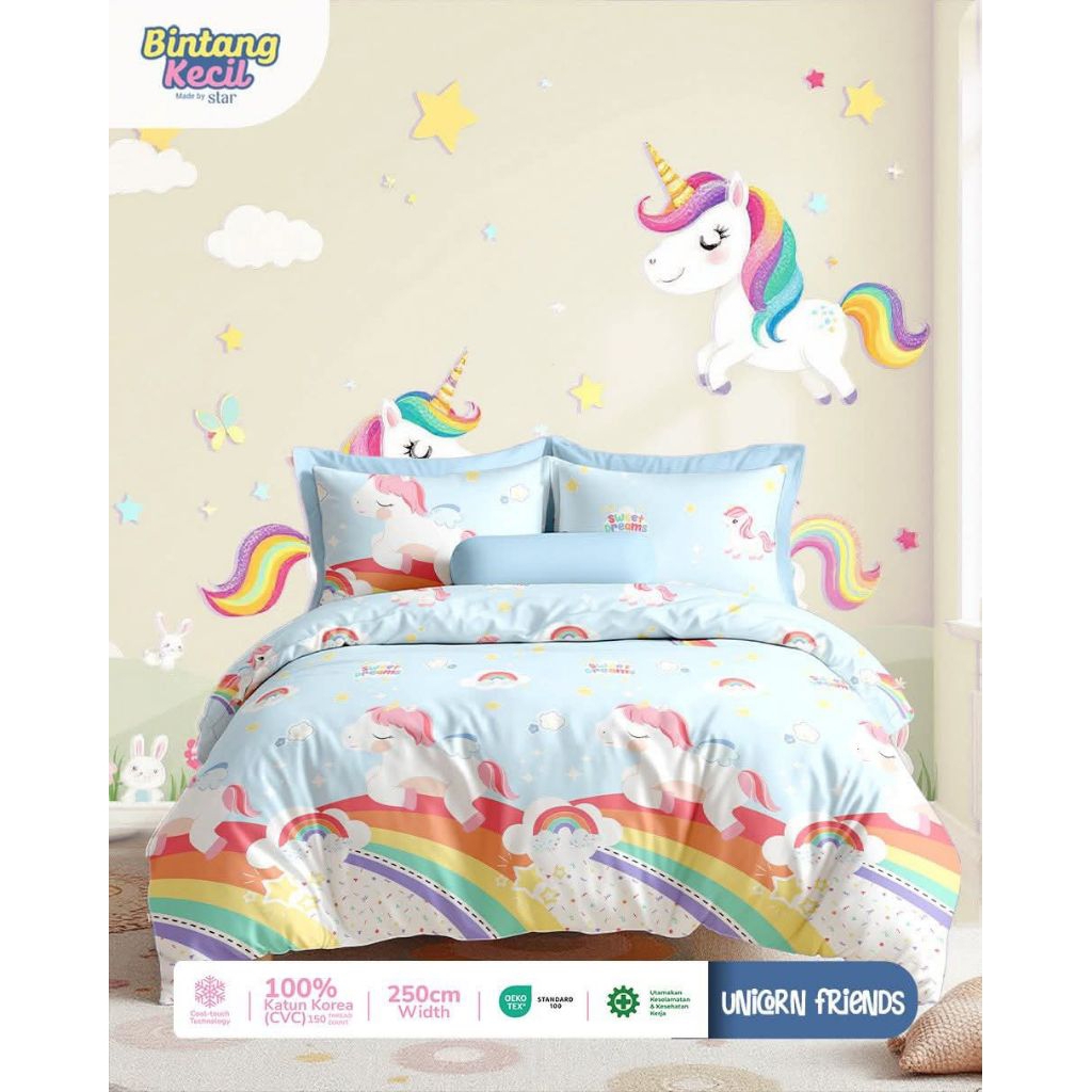 Bahan Sprei Katun CVC Motif Unicorn Merk Star, Esra, Bintang Kecil Lebar 2.5m