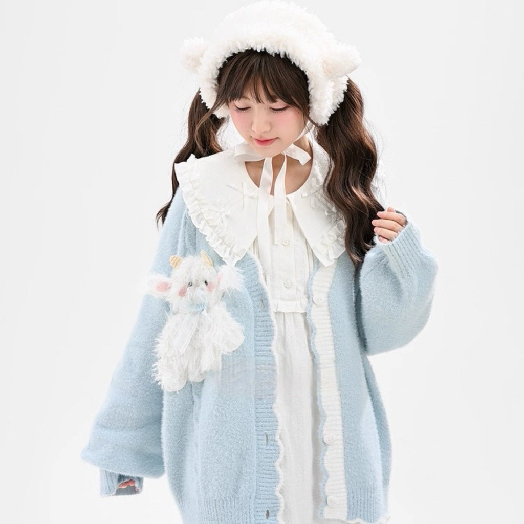 Sheep Blue Cardigan | MILKTEAS | Cardigan Outer Rajut Biru Muda Karakter Domba Pastel Aesthetic Hara
