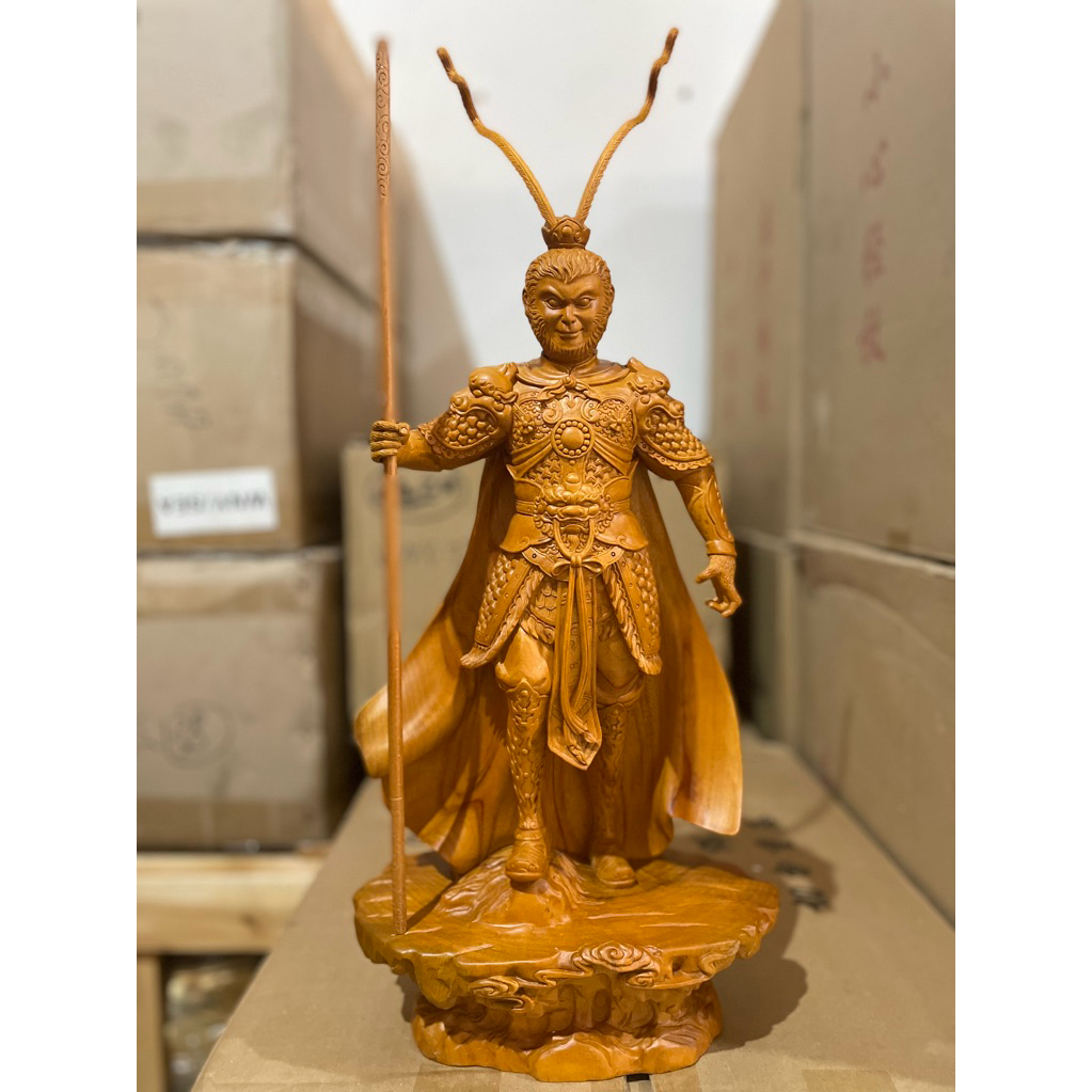 patung dewa kera sakti - wukong - taisingkong kayu 19in berdiri kayu polos Taiwan
