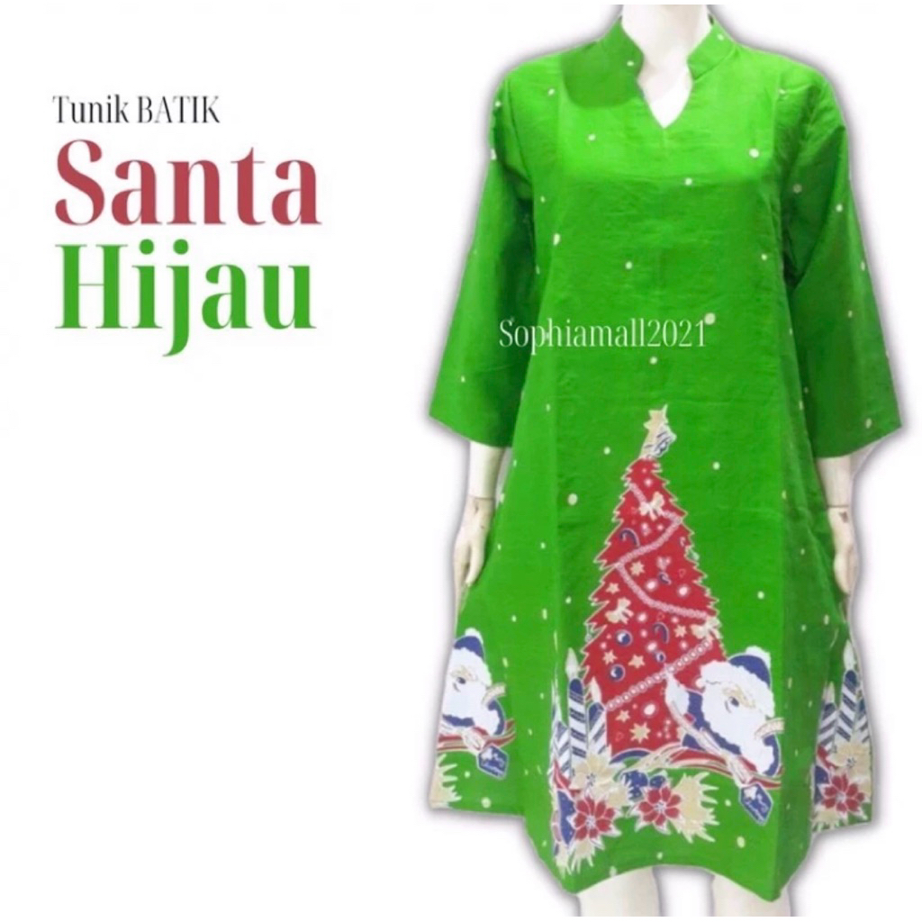 Dress Batik Natal Wanita Terbaru Motif Pohon Natal Bahan Katun Halus Solo