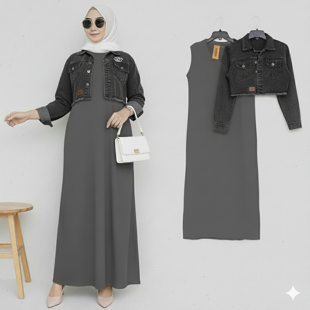 RNA Set Dress Muslim Wanita Maxi Hitam + Jaket Denim Crop | Anime Jacket Set | Baju Gamis Modern Hij