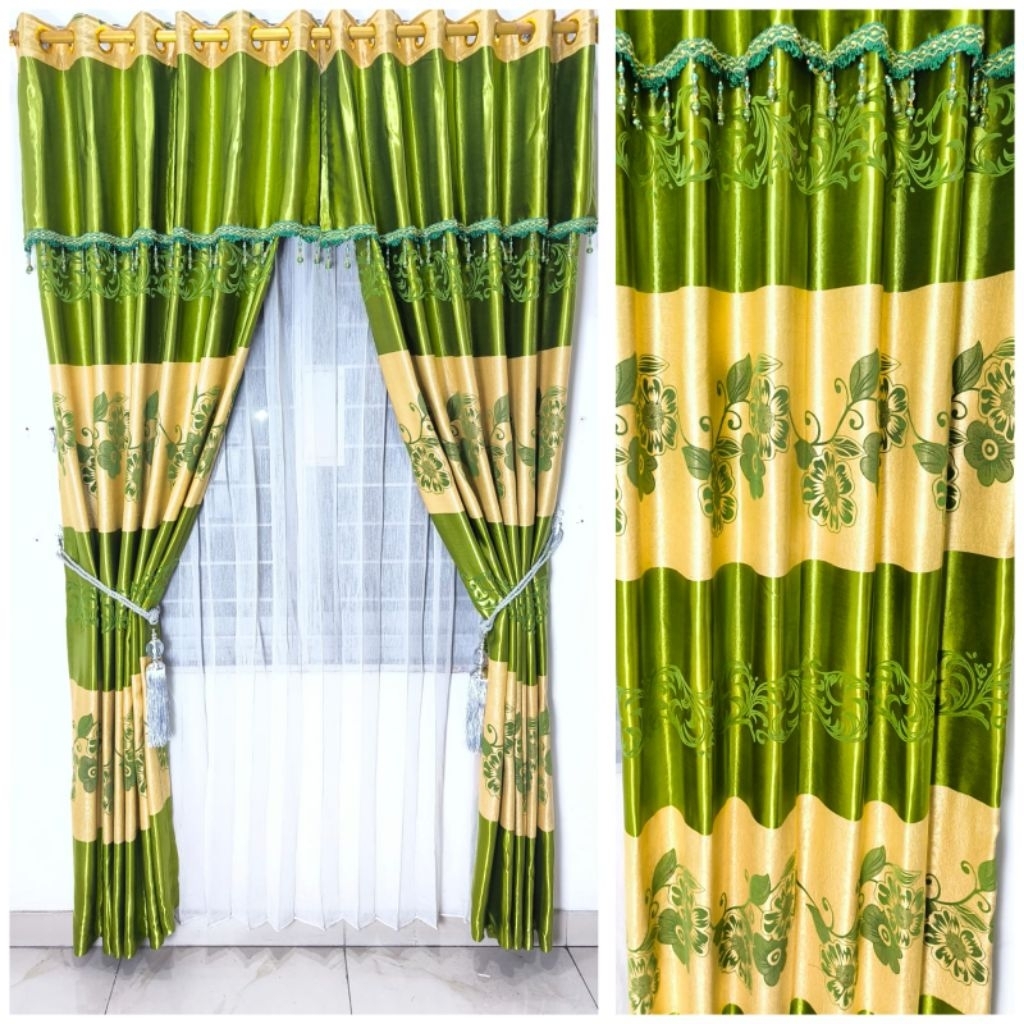 Gorden pintu gorden jendela 12 Ring/6 gelombang gorden poni gabung Tirai gorden motif bunga