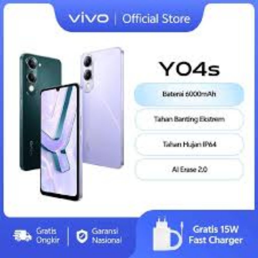 Vivo Y04s Ram 4/128 Gb Garansi Resmi Vivo 6000mAh 15W FlashCharge Kamera 13MP IP64 Tahan Air Layar 2