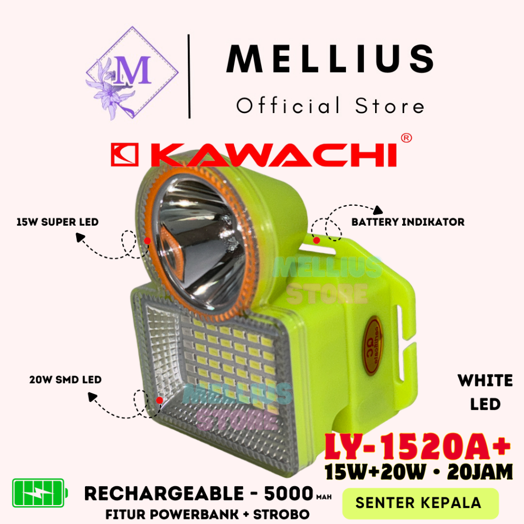 Senter Kepala Kawachi Dual 15W + 20W Super LED Super Terang LY-1520A+ Powerbank Waterproof Lithium C