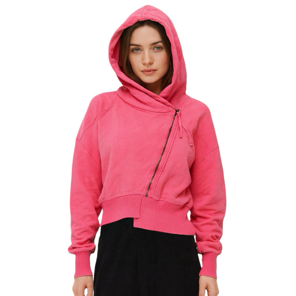 Crop asymmetric zipper hoodie Pink