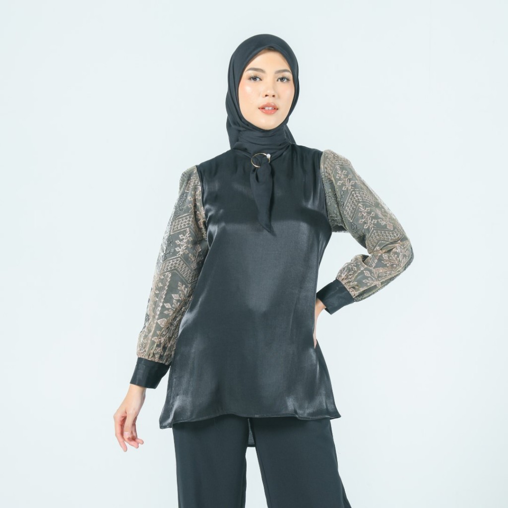 ZOYA Hestia Blouse Black - Fashion Muslim Baju Atasan Wanita Tunic Polos Bahan Premium Poly Kombinas