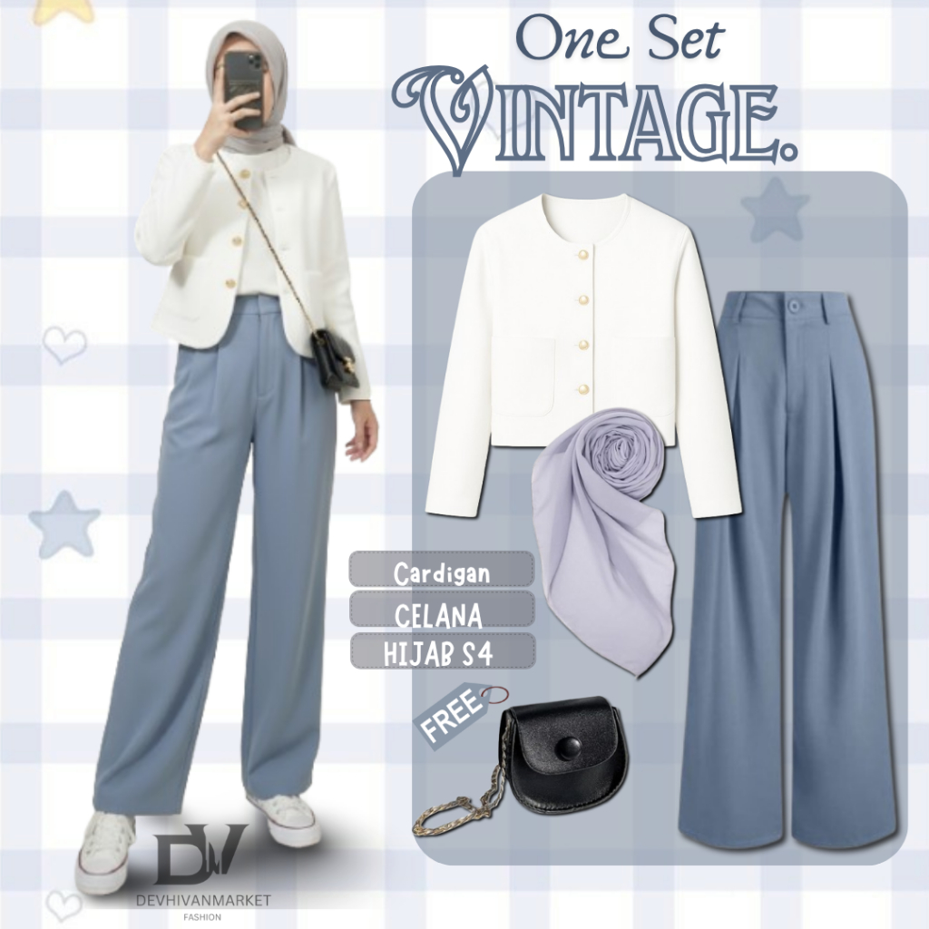 Outfit Casual Wanita - Satu Set Ootd Wanita Kekinian - Cardigan + Loose Pants + Hijab Segiempat Prem