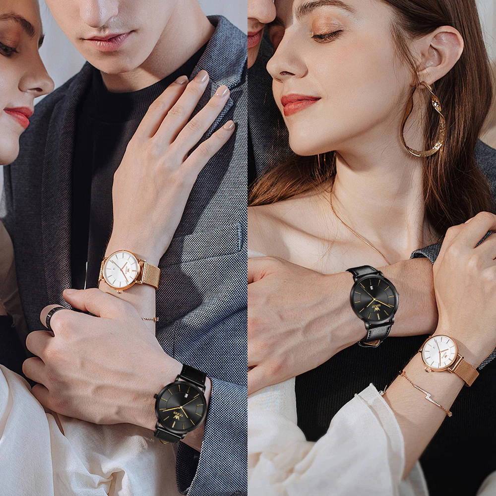OLEVS Jam Tangan Couple Original Luxury Kalender Kulit Stainless Steel Anti Karat Couple Watch