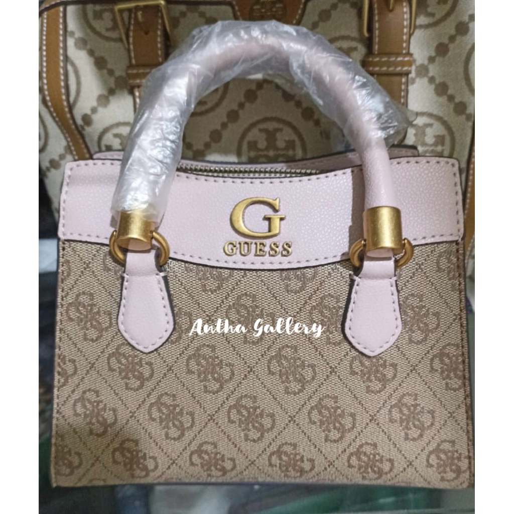 GUESS - ORIGINAL STORE INDO - [ORIGINAL 1000%] NELL LOGO MINI SATCHEL LATTE LOGO / ROSEWOOD ORI COUN