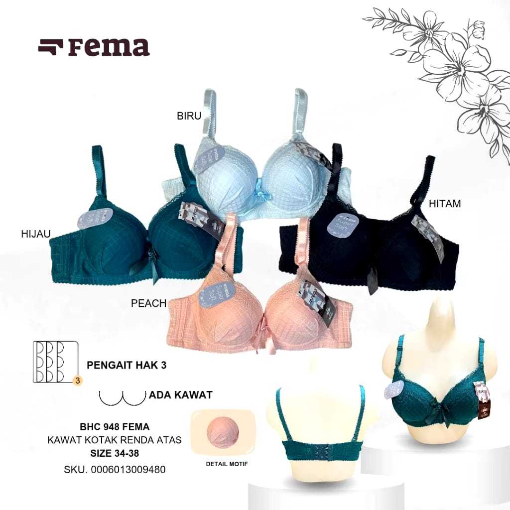 Bra Fema 948 Renda Adem Uk 34-38 Busa Tebal/Bra Fema Motif Renda Busa Tebal/BH Fema Kait 3 Terbaru