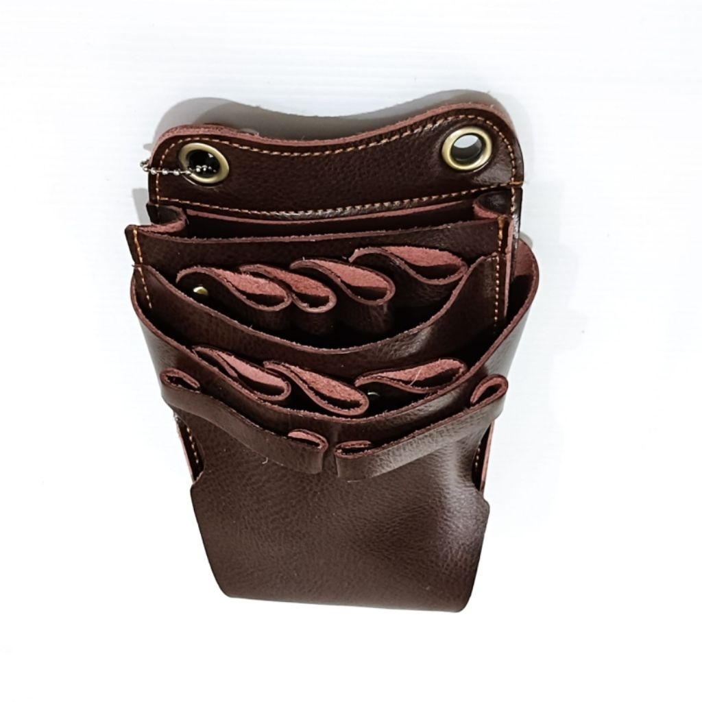 Tas Gunting Kulit Asli Dark Brown 7 Slot Tempat Gunting Rambut Alat Salon Barber
