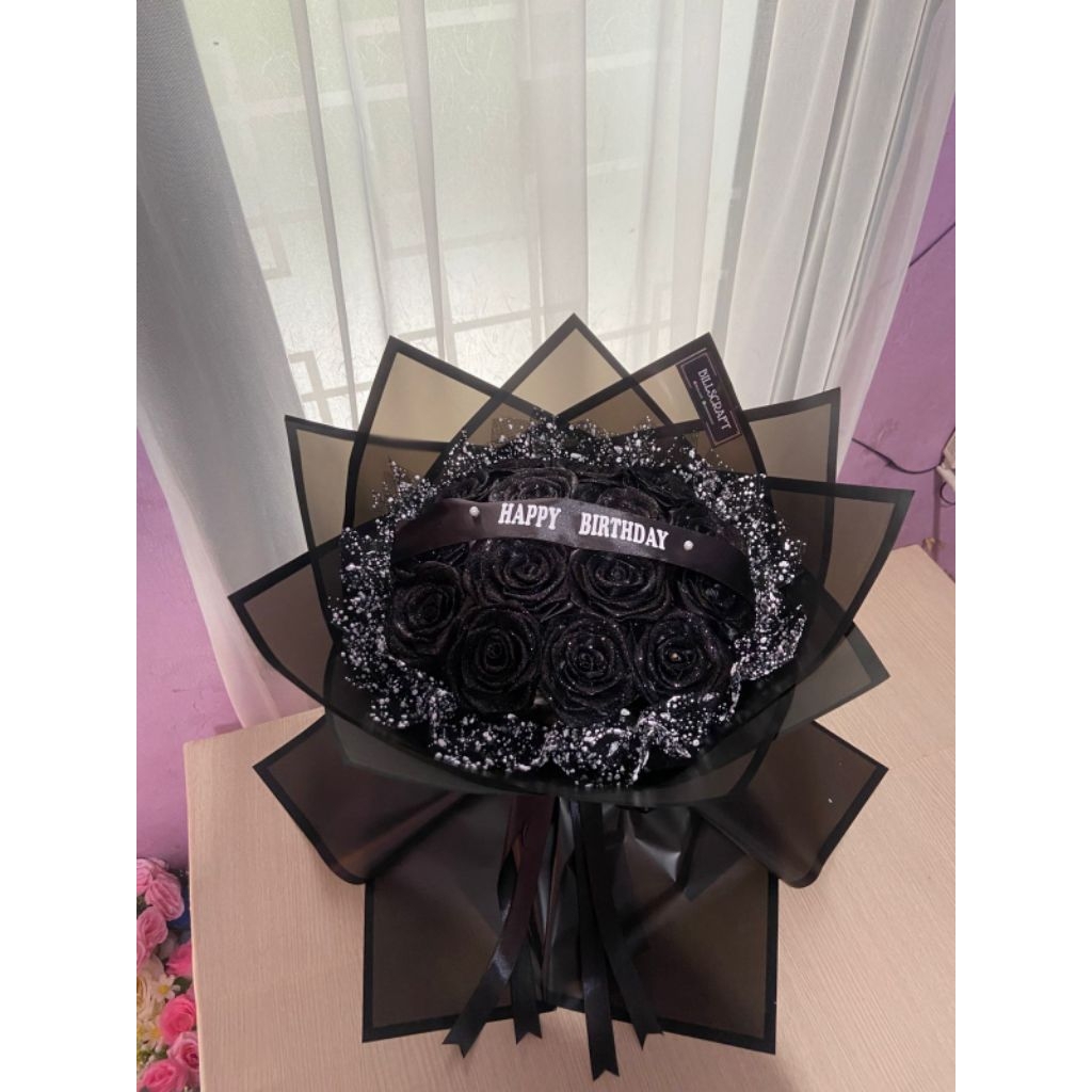 buket bunga pita satin 15 tangkai + gliter + tile salju