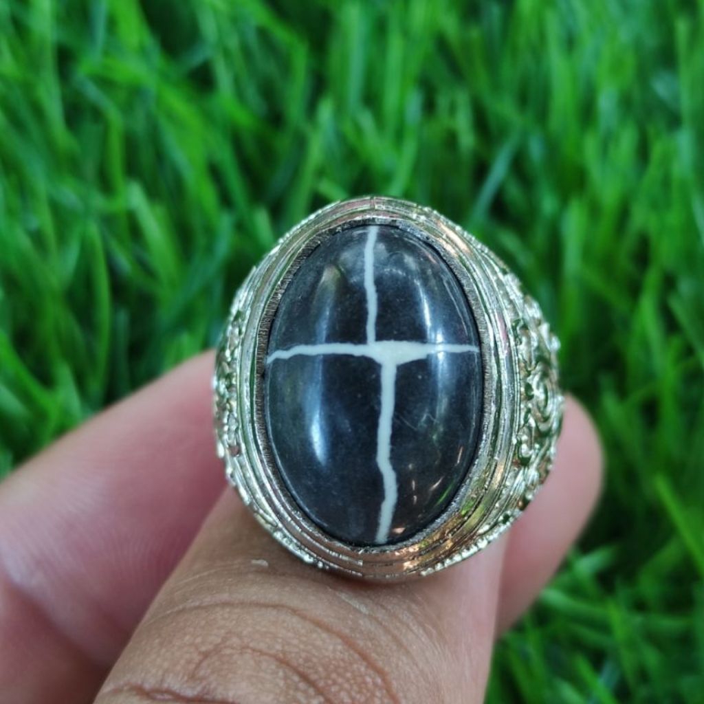 Cincin batu akik tapak jalak hitam Garis putih Ring Alpaka Super ukir bali