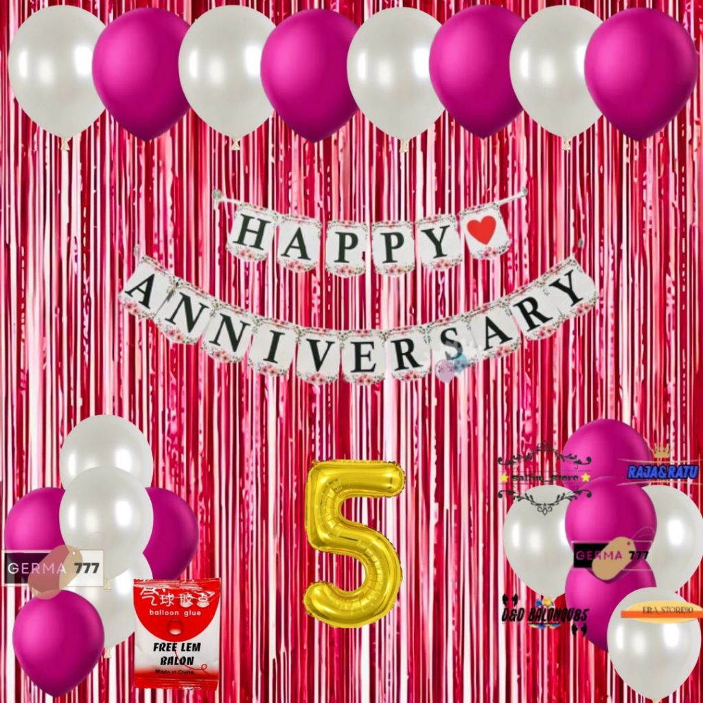 Paket Set Dekorasi Ulang Tahun Pernikahan Banner Happy Anniversary Putih Tirai Merah
